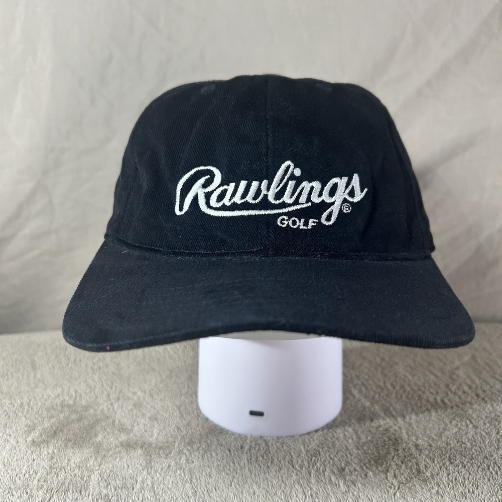 Vintage 90s Rawlings Golf Black Baseball Cap Leather Strapback Made in Korea
